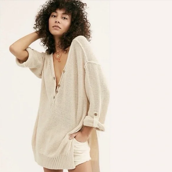 Free People We The Free Firefly Oversized Knit Tunic Sweater Ivory Size XS - Picture 1 of 10